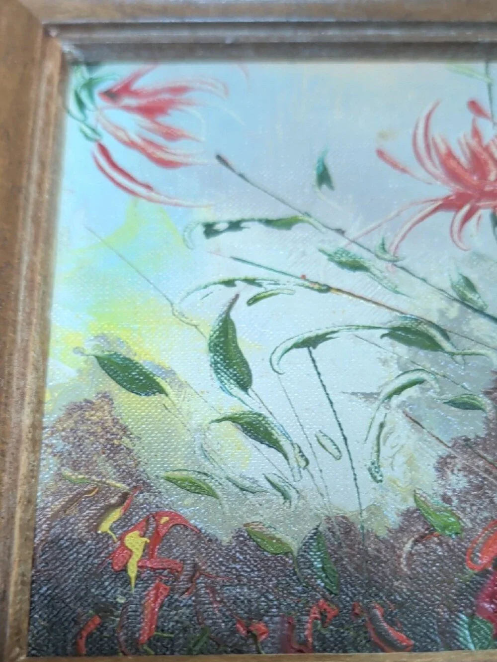 Vintage Framed Floral Canvas Art Paintings Pair Red Green Flowers Nature Signed